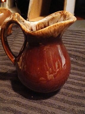 Glazed Brown Vintage Ceramic Pitcher Vase with Speckled Rim